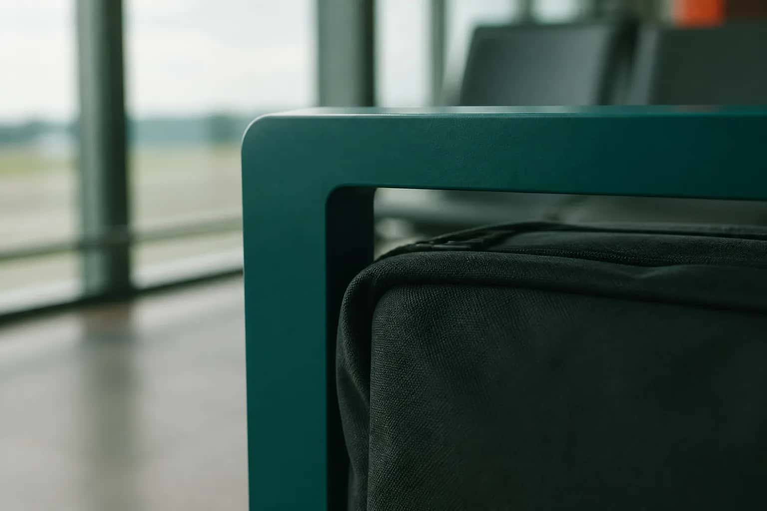 Forest-green travel backpack resting naturally inside an unbranded metal airline baggage sizer at a quiet airport gate