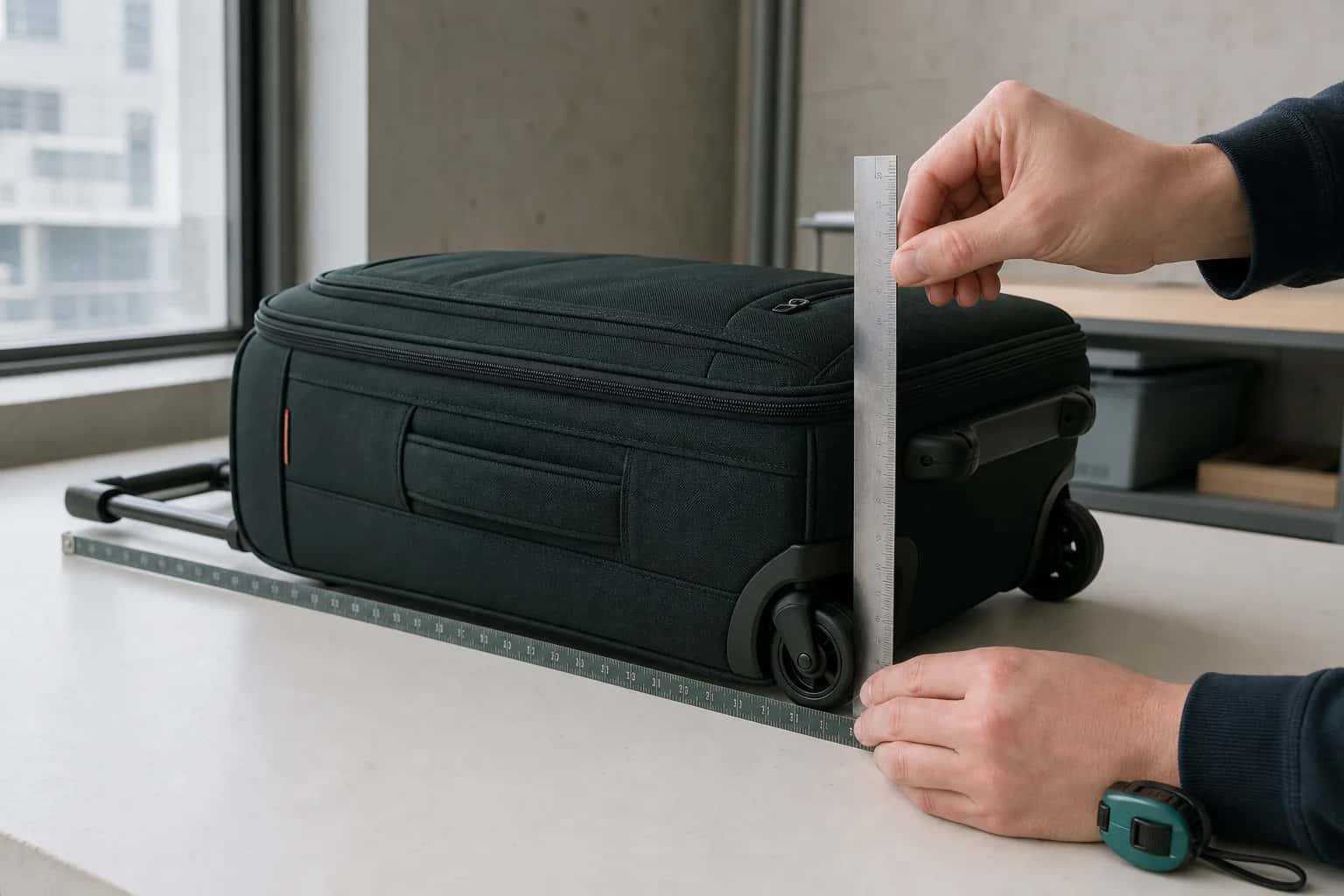 Soft tape measure wrapped around the tallest side of a packed cabin suitcase, including its wheels