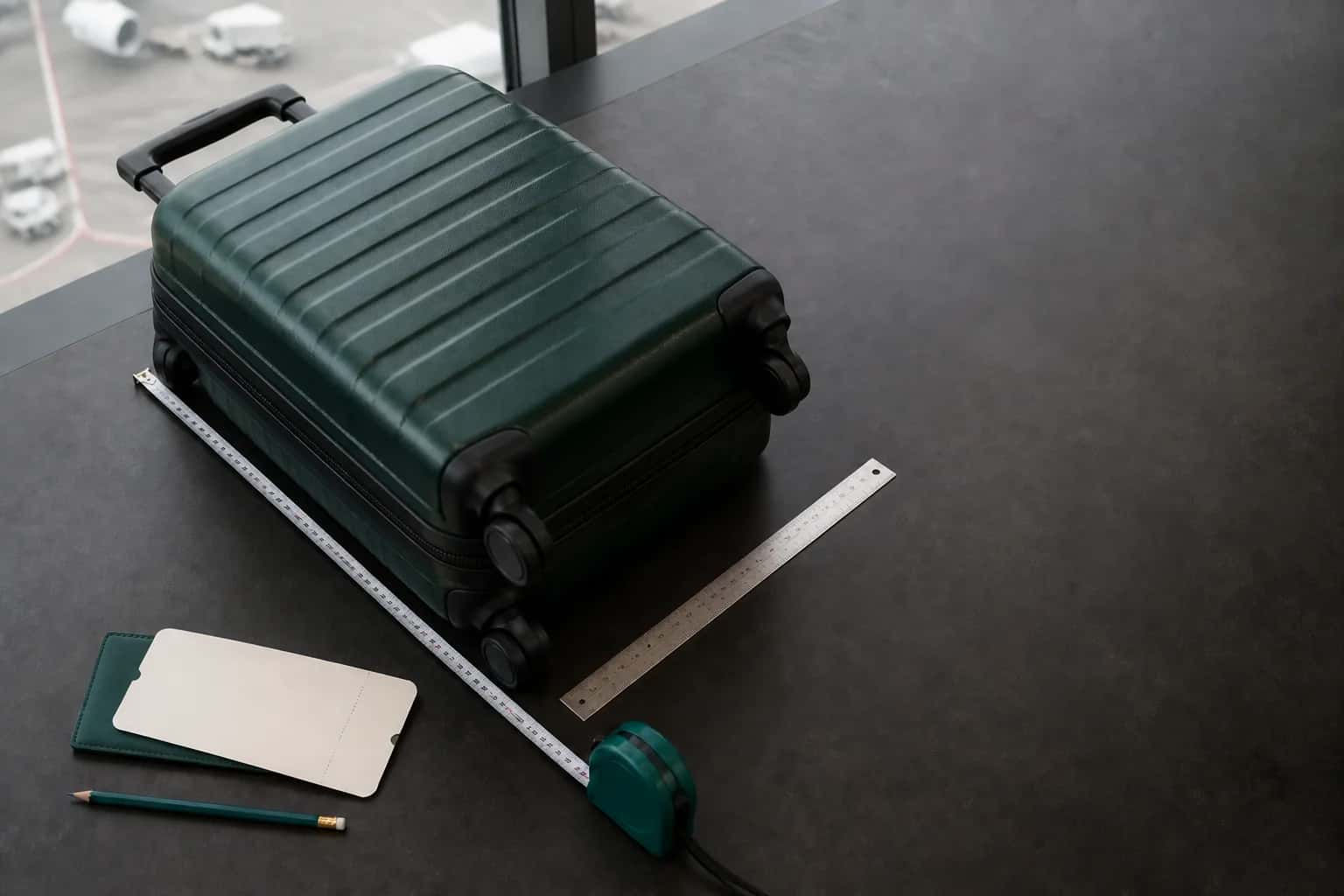 Forest-green cabin suitcase measured along its outside edges with a tape and ruler, including wheels and handle
