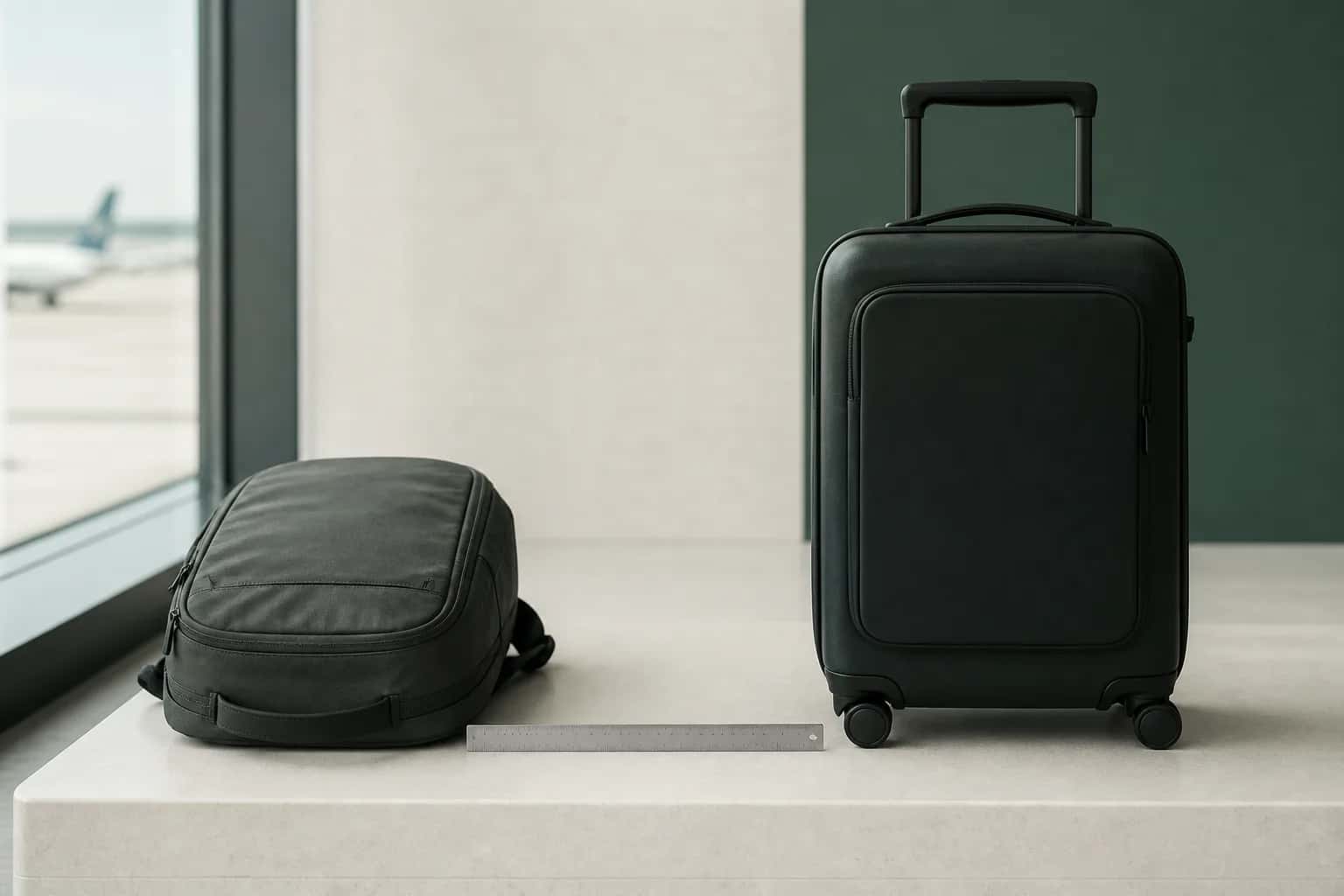 Small backpack next to a larger hard-shell cabin suitcase showing the size difference between the two