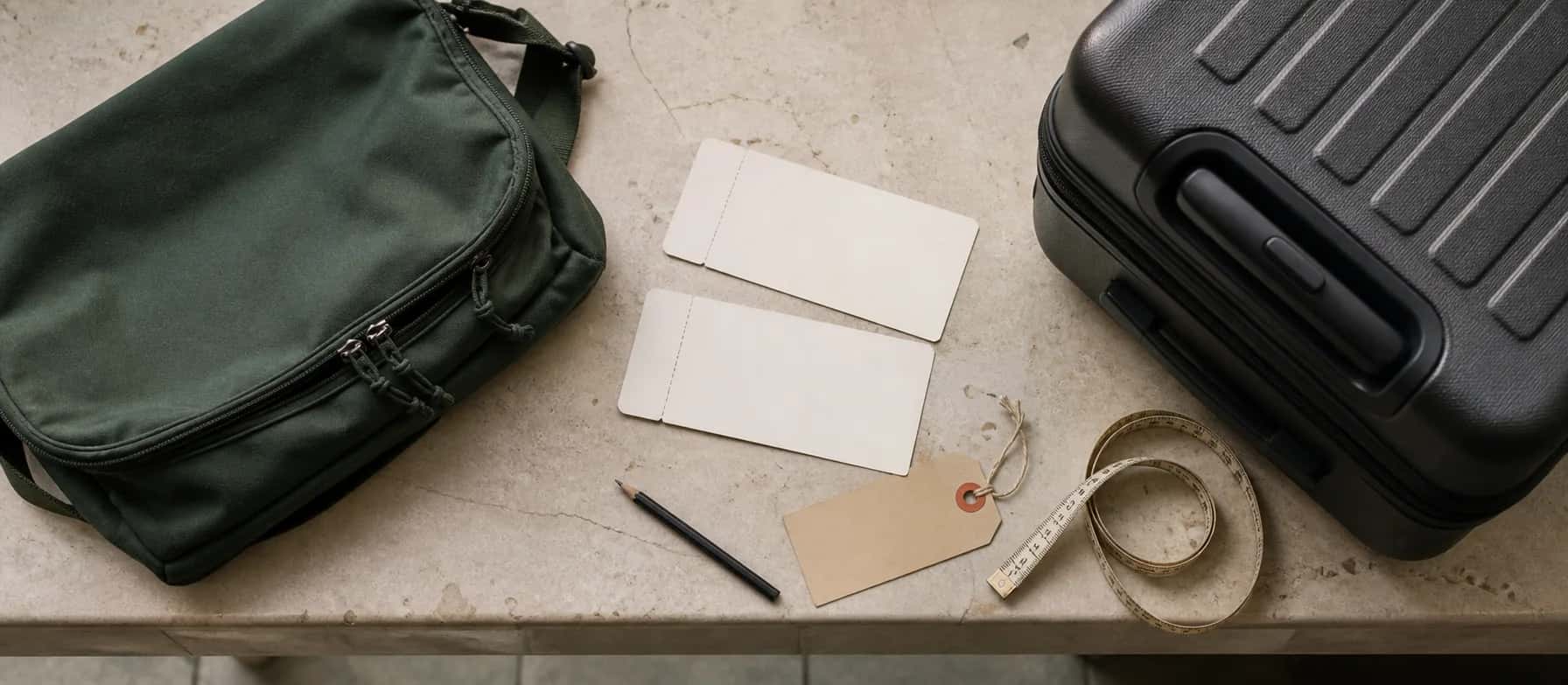 Forest-green underseat bag and black cabin suitcase beside blank tickets, a fare tag, and measuring tape