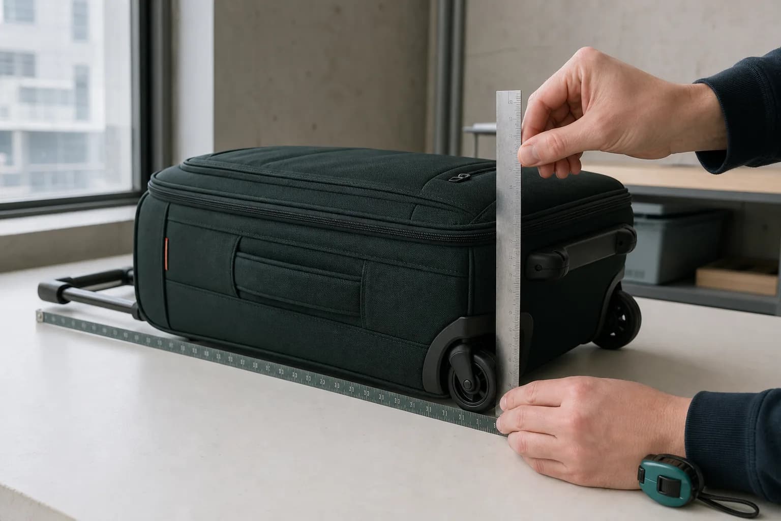 Soft tape measure wrapped around the tallest side of a packed cabin suitcase, including its wheels