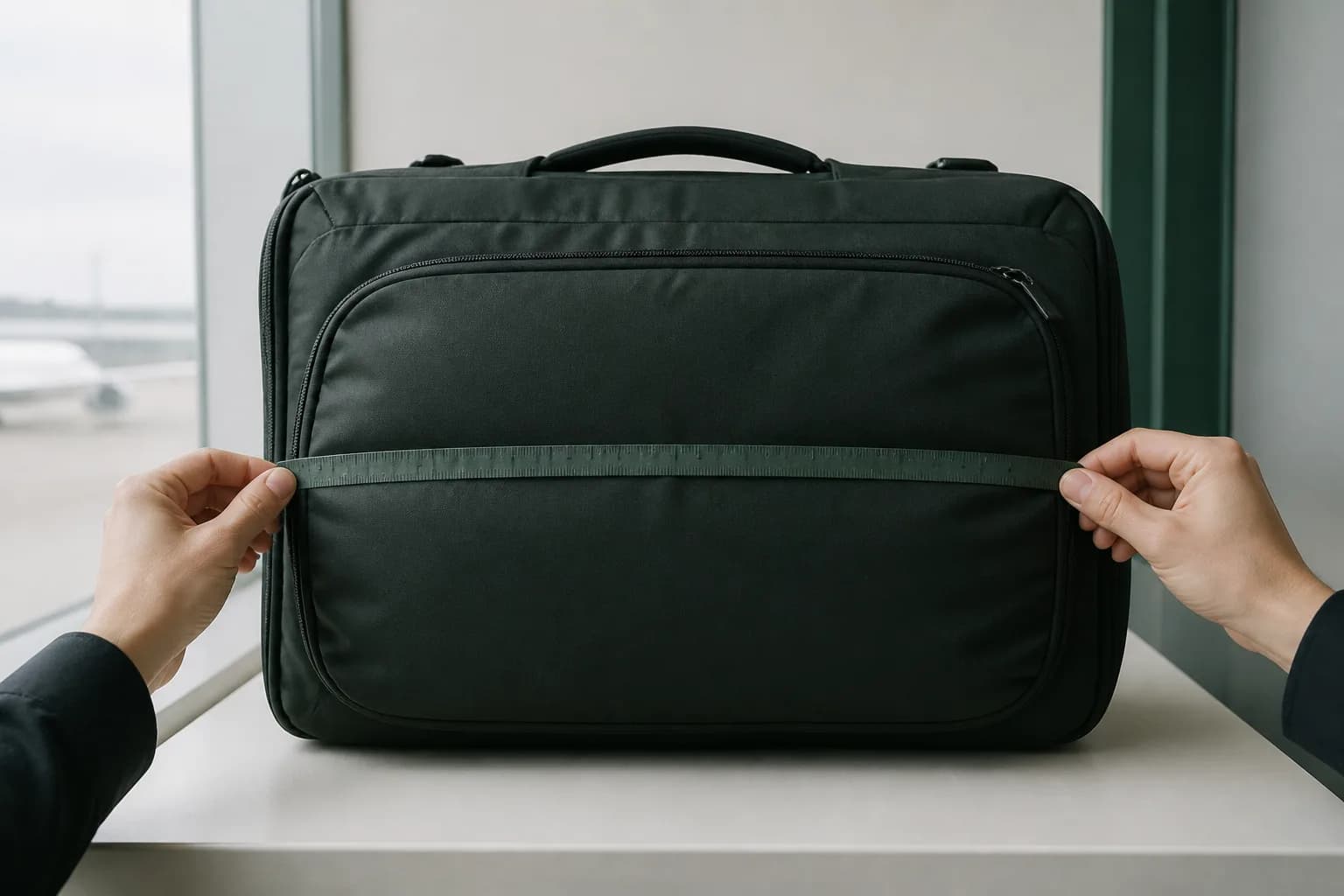 Packed cabin bag measured from the outside with a measuring tape