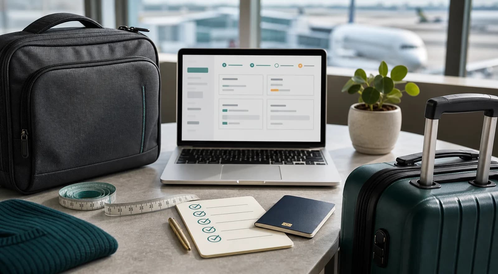 Laptop booking checklist with cabin bag and measuring tape for fare baggage verification