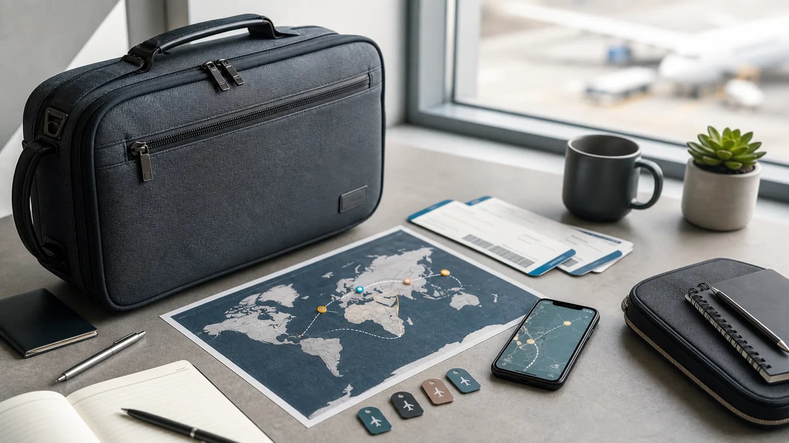 Carry-on bag with route planning map and travel documents for a multi-airline trip