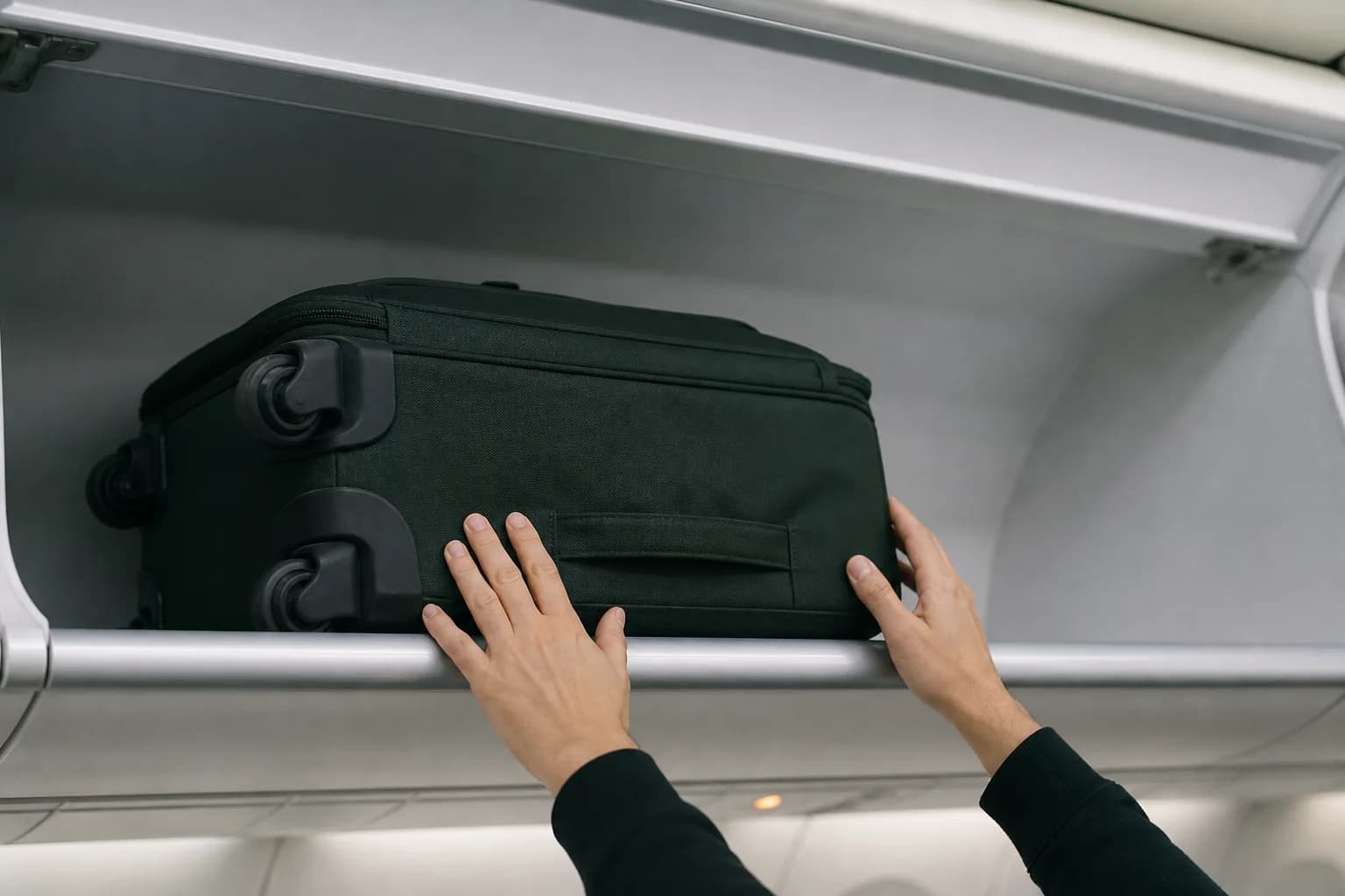 Carry-on suitcase placed inside an airplane overhead bin
