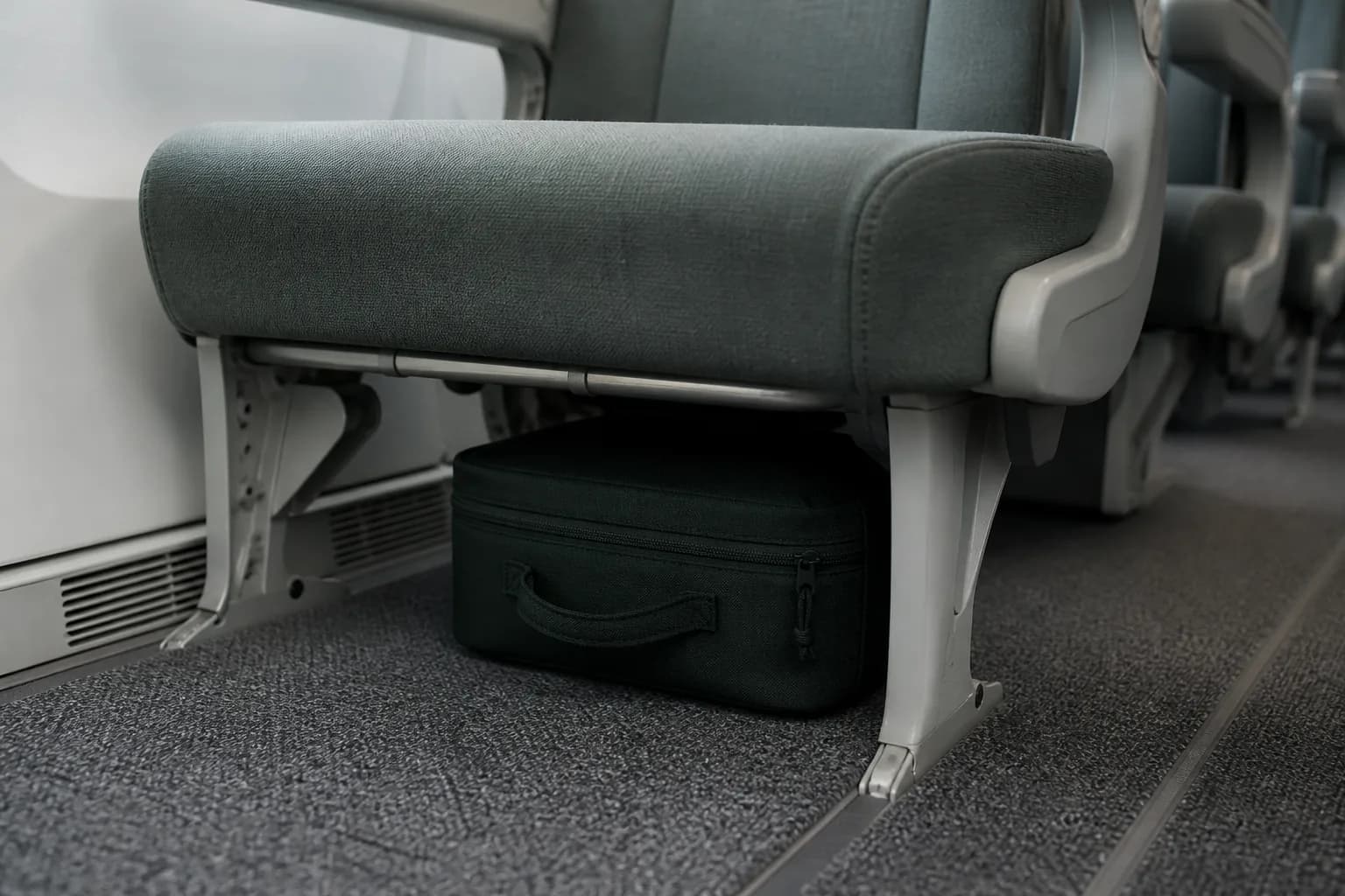 Small personal item bag placed under an airplane seat