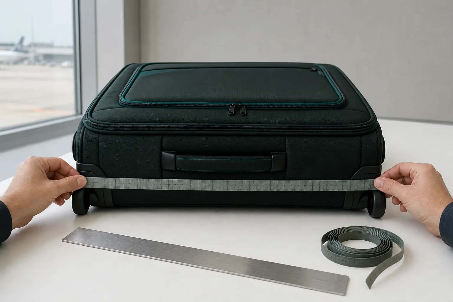 Dark green cabin suitcase lying on a table by an airport window with a measuring tape stretched across its longest edge
