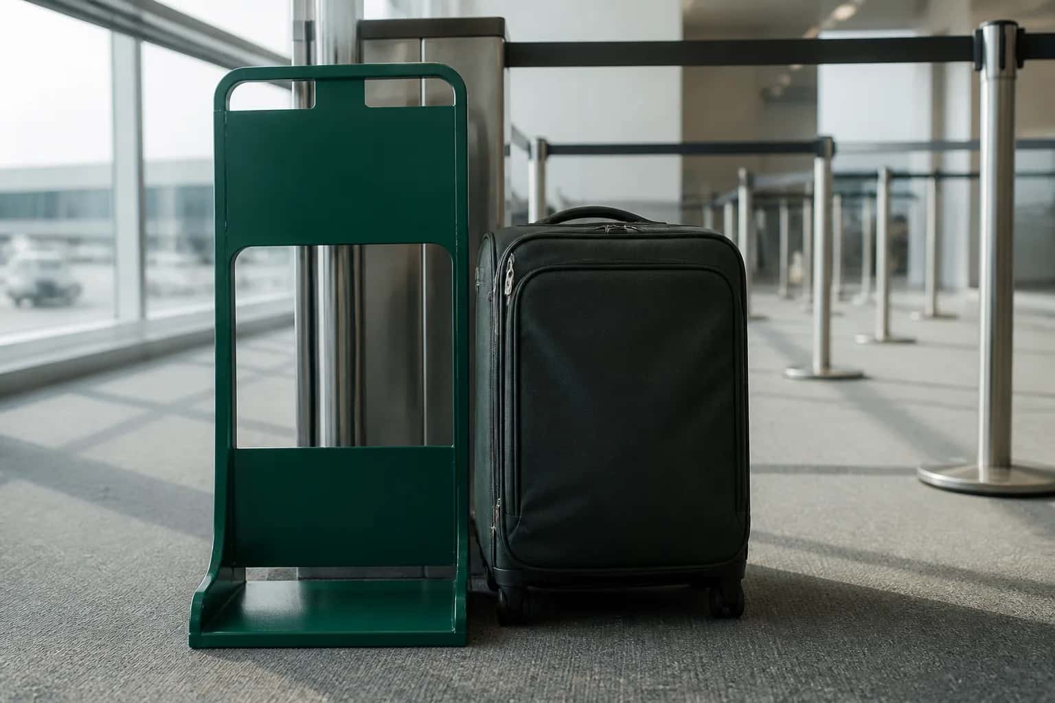 Cabin suitcase beside an airport baggage sizer with measuring tape and travel checklist