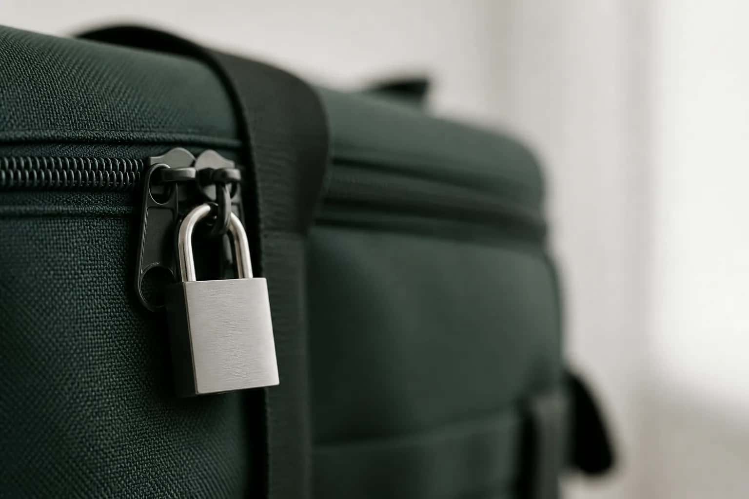 Laptop with privacy controls beside a carry-on bag, phone, and measuring tape